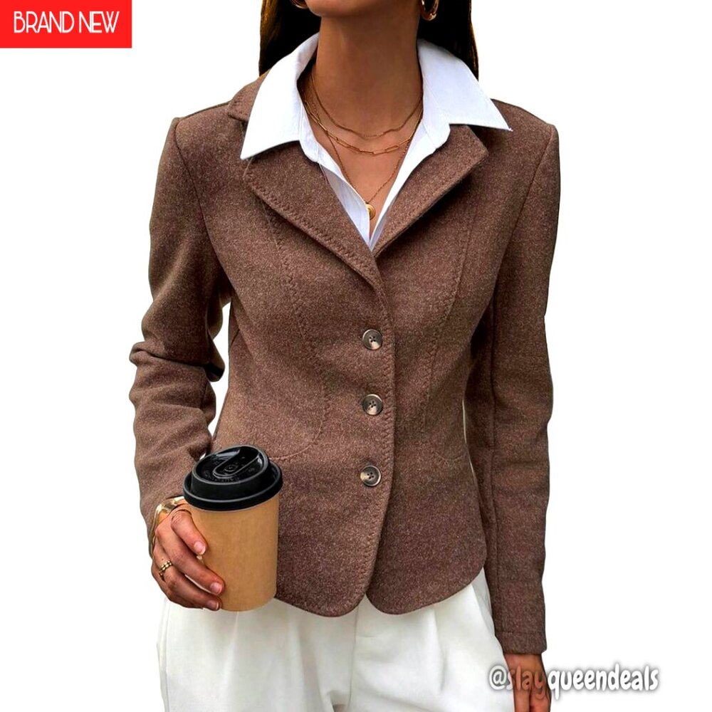 Cropped Tweed Blazer Slim Fit Office Casual Jacket Polyester Breathable